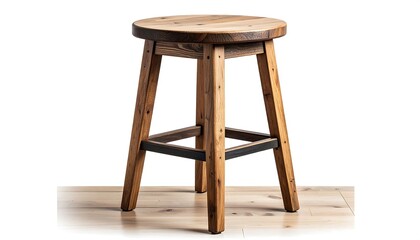 Rustic wooden stool with circular top and structural support isolated on white backdrop