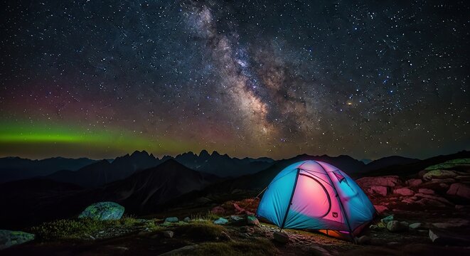 A tent glows under the starry night sky with the milky way and aurora borealis visible - Powered by Adobe