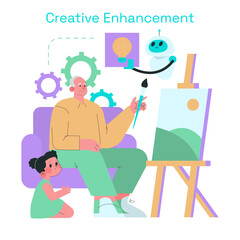 Elderly Man Painting with Robot Assistant Vector Illustration