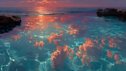 Stunning sunset reflected in the tranquil ocean waters, showcasing vibrant colors and a serene coastal scene.