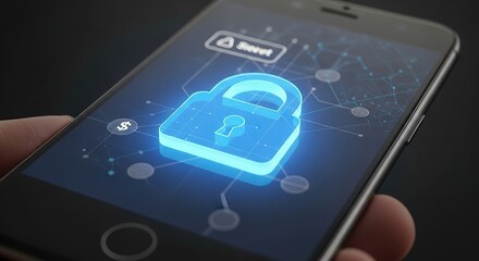 Closeup of a smartphone screen displaying a glowing blue padlock icon with a reset alert, symbolizing digital security and data protection