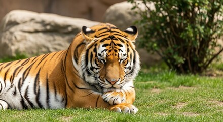 Fototapeta premium Majestic Tiger Resting in Green Grass