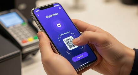 Person using a smartphone to make a contactless payment with a digital wallet app, scanning a qr code at a point of sale terminal for a secure transaction