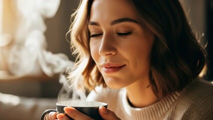A woman enjoying a warm cup of coffee with a smile, steam rising from the mug in a cozy indoor setting. Celebrating International Smile Day with warmth and comfort.