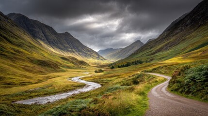 Mountain valley road under stormy sky
