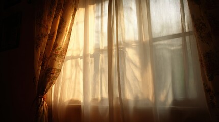Sunlight streams through sheer curtains