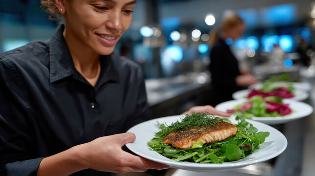 A professional chef showcases a beautifully plated salmon dish in a busy kitchen, bringing together culinary excellence and modern dining aesthetics.