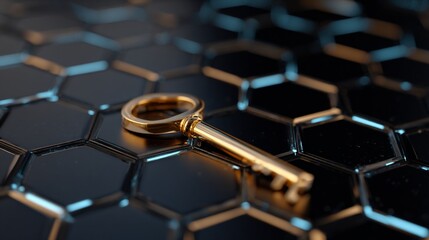 Fototapeta premium Golden key sits on black hexagonal tile background, with soft shallow focus
