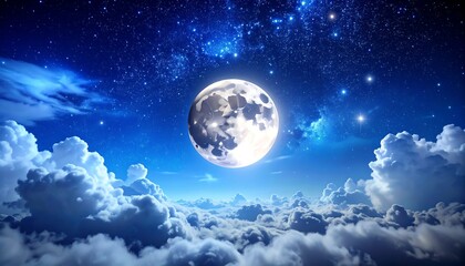 Full moon in a starry night sky above clouds