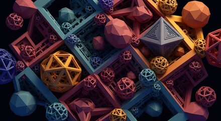 Intricate geometric abstract pattern with interconnected shapes and structures in vibrant colors, a complex digital art illustration