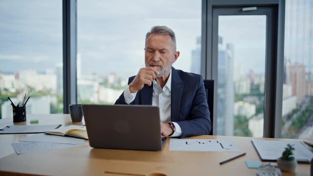 Aged investor thinking strategy sitting workspace closeup. Elegant businessman