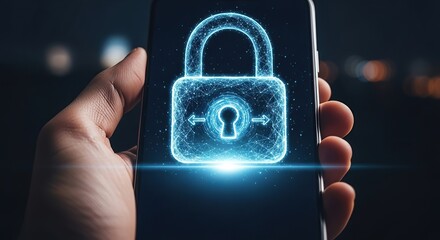 Closeup of a hand holding a smartphone displaying a glowing blue digital padlock icon, symbolizing mobile security and data protection