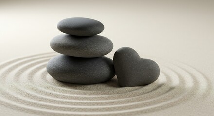 Heartfelt Balance - A Cairn and Love Stone on Concentric Sand Circles.