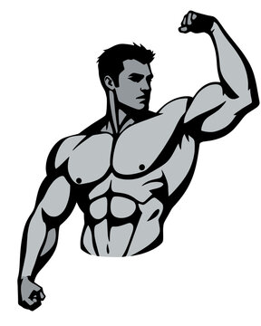 Muscular male bodybuilder flexing biceps vector illustration