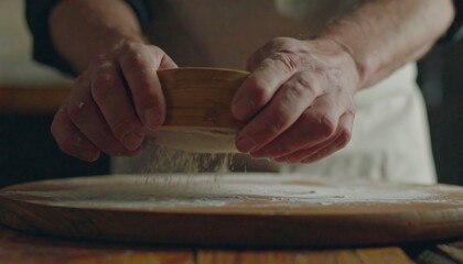 A Baker's Ritual: Experienced Hands Sifting Flour onto a Wooden Board in Soft Light