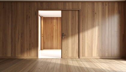 Minimalist wood interior featuring an open door and natural light casting shadows