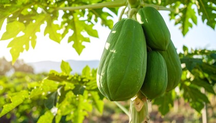 Green papaya cluster on a tree