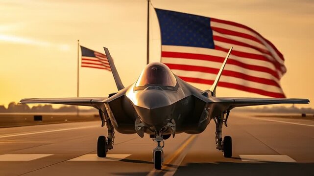 F-35 Fighter Jet on Runway with American Flags at Sunset - Patriotic Aviation