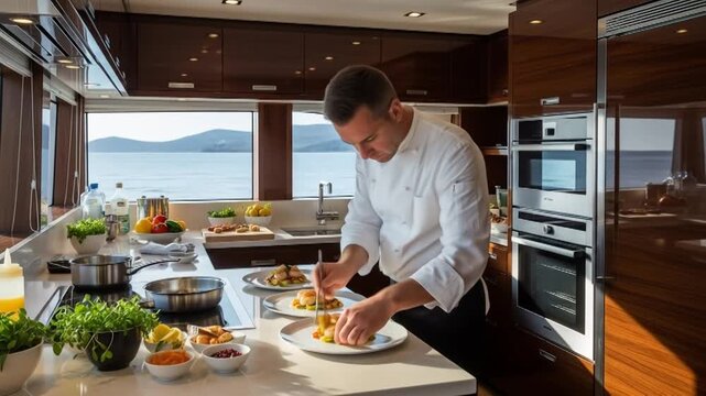 Chef preparing food in boat's galley with sea view, dark cabinets, and modern appliances