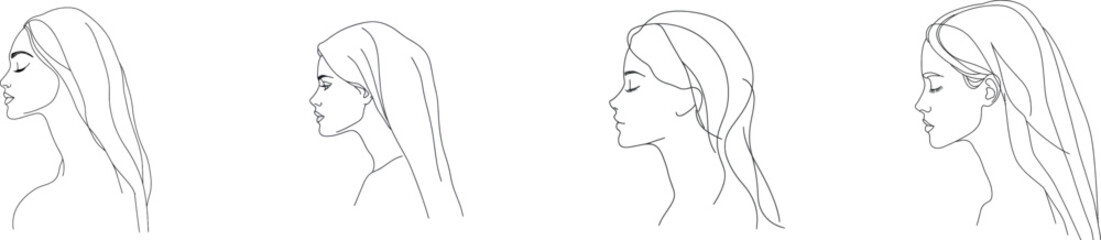 A line drawing set against a white isolated background features a young woman with a towel on her head, positioned with her back facing the viewer