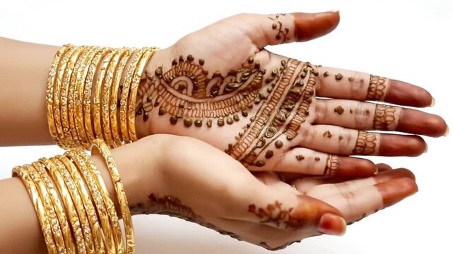 Close-up of hands with Arabic-style mehndi rotating slowly, gold bangles adding sparkle, white background.