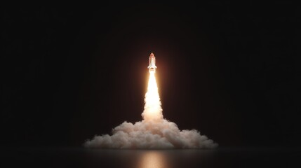 Rocket takes off in isolated launch against a black background showcasing powerful propulsion and dramatic flame effects during evening launch