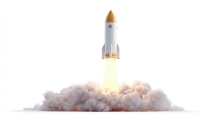 Rocket launch with flames and smoke against a white background showcasing modern aerospace engineering at its finest during daytime