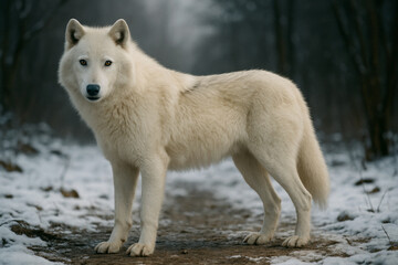 Obraz premium AI-Generated Image of a majestic white alpha wolf standing in a snowy forest, captured in a full-body, horizontal composition.