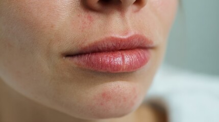Rosy swollen lips with slight redness after aesthetic treatment captured in a macro shot with soft bokeh background
