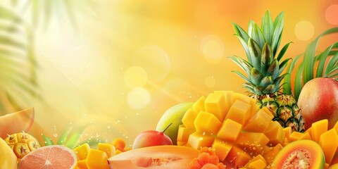 Assorted tropical fruits artfully arranged on a vibrant summer background with ample space for text and design elements