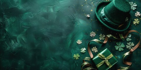 Festive Saint Patrick's Day arrangement with leprechaun hat, clovers, and gift box on vibrant green background