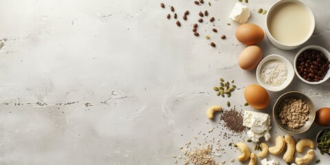 Nutrient-rich ingredients featuring venison, hemp milk, feta cheese, and various nuts for a healthy paleo diet backdrop