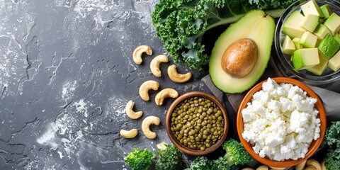 Balanced nutrition bowl featuring turkey, kale, cottage cheese, lentils, cashews, and avocado slices on a gray marble background with ample copyspace
