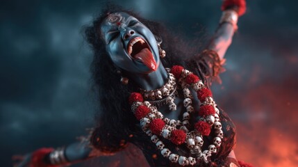 Goddess Kali in fierce dynamic pose standing on demon with fiery red tongue amidst dark stormy backdrop, showcasing intensity and power in dramatic lighting