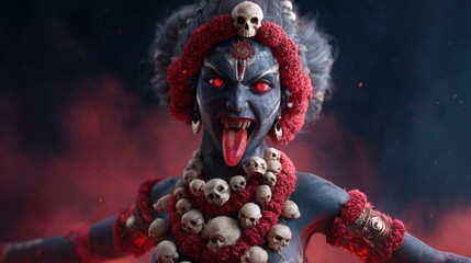 Goddess Kali stands fiercely on a defeated demon with fiery red tongue and skull necklace against a stormy backdrop, showcasing cinematic lighting in an ultra-realistic portrayal