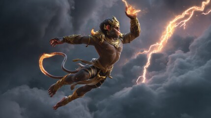 Hanuman soars through turbulent stormy skies, clutching a mountain in one hand while igniting the atmosphere with his fiery tail in a heroic display of strength and valor