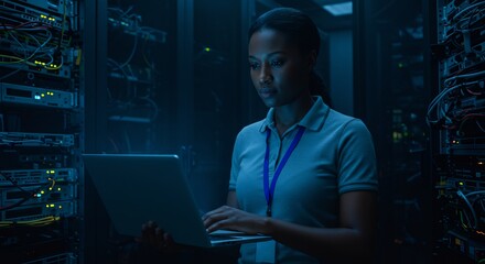 Focused Female IT Specialist Illuminated by Blue Server Lights in a Dark Data Center.