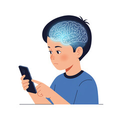 ''Illustration of a boy engrossed in his smartphone with a glowing brain, depicting concentration and digital engagement in a m...
