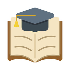 Flat colorful education icon showing an open book with a graduation cap on top, symbolizing learning, knowledge, and academic achievement.