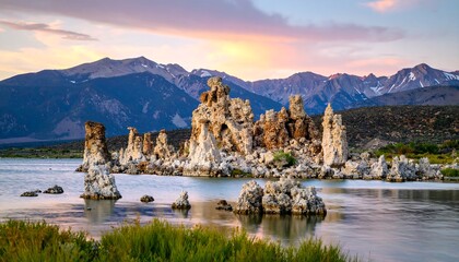 Majestic tufa formations at Mono Lake reflecting a vibrant sunset landscape and distant mountain