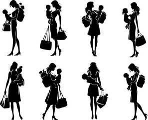 collection of vector sketches of illustrations of young mothers carrying children
