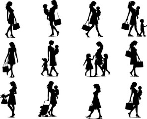 Collection of vector sketches of illustrations of young mothers carrying their children while going to work