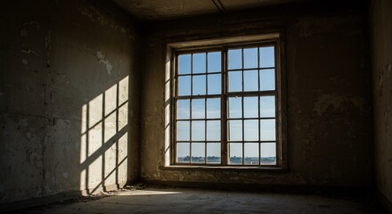 Obraz premium Solitude and Light - Sun Casts a Windows Grid Shadow in a Dark, Empty Room.