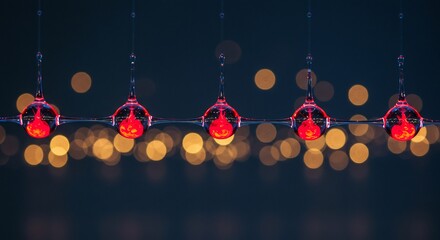 Luminous Row of Five Red Christmas Baubles Against a Golden Bokeh Night.