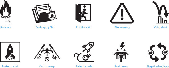 Startup failure and risk icons representing business challenges growth decline and safety concerns vector
