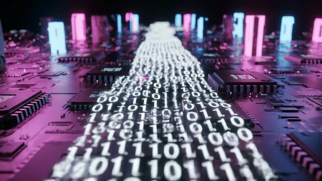 Abstract binary code stream on motherboard, depicting technology, computing, data flow, and futuristic concept.