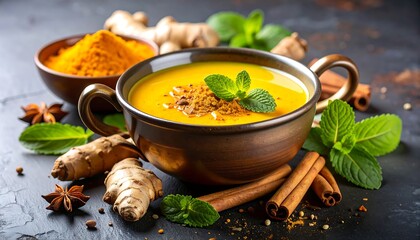 Golden soup garnished with fresh herbs