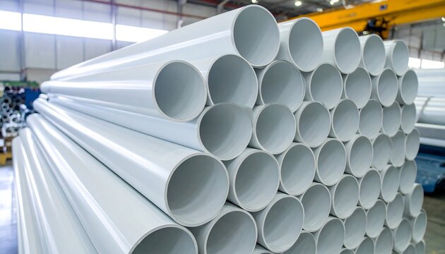 A large stack of white plastic pipes fills an industrial warehouse.