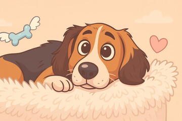 Cute cartoon dog relaxing on cozy bed with toys in a playful animation style in a warm, inviting setting Generative AI
