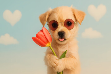 Cute puppy wearing sunglasses holds a pink flower against a blue background decorated with hearts Generative AI